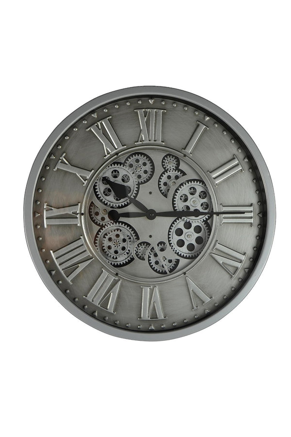 HomeRoots 18" Silver and Black Metal Skeleton Wall Clock - Industrial Chic Design with Silent Movement and Gears 626346