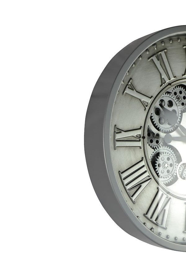 HomeRoots 18" Silver and Black Metal Skeleton Wall Clock - Industrial Chic Design with Silent Movement and Gears 626346