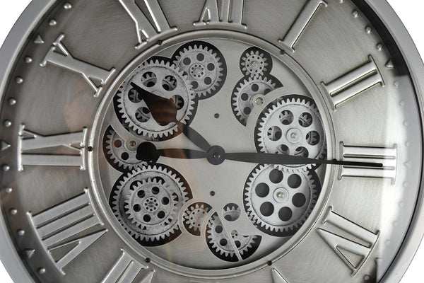 HomeRoots 18" Silver and Black Metal Skeleton Wall Clock - Industrial Chic Design with Silent Movement and Gears 626346