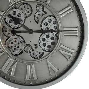 HomeRoots 18" Silver and Black Metal Skeleton Wall Clock - Industrial Chic Design with Silent Movement and Gears 626346