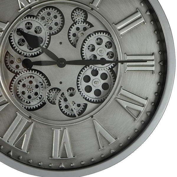 HomeRoots 18" Silver and Black Metal Skeleton Wall Clock - Industrial Chic Design with Silent Movement and Gears 626346