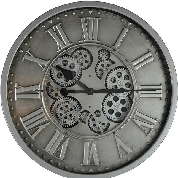 HomeRoots 18" Silver and Black Metal Skeleton Wall Clock - Industrial Chic Design with Silent Movement and Gears 626346