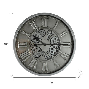 HomeRoots 18" Silver and Black Metal Skeleton Wall Clock - Industrial Chic Design with Silent Movement and Gears 626346