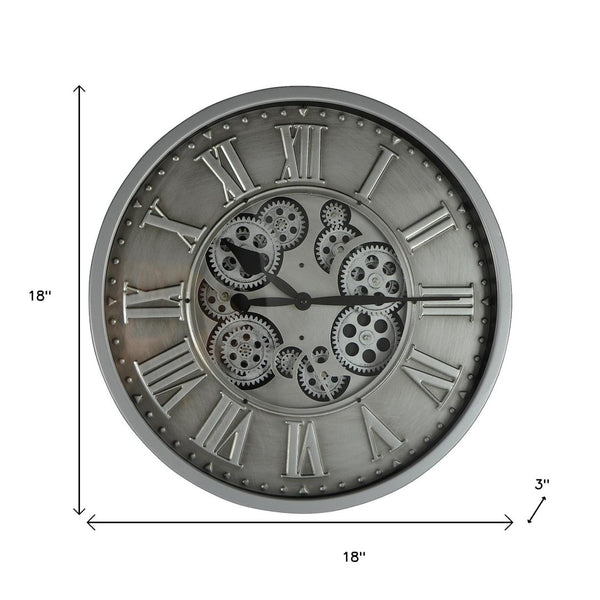 HomeRoots 18" Silver and Black Metal Skeleton Wall Clock - Industrial Chic Design with Silent Movement and Gears 626346