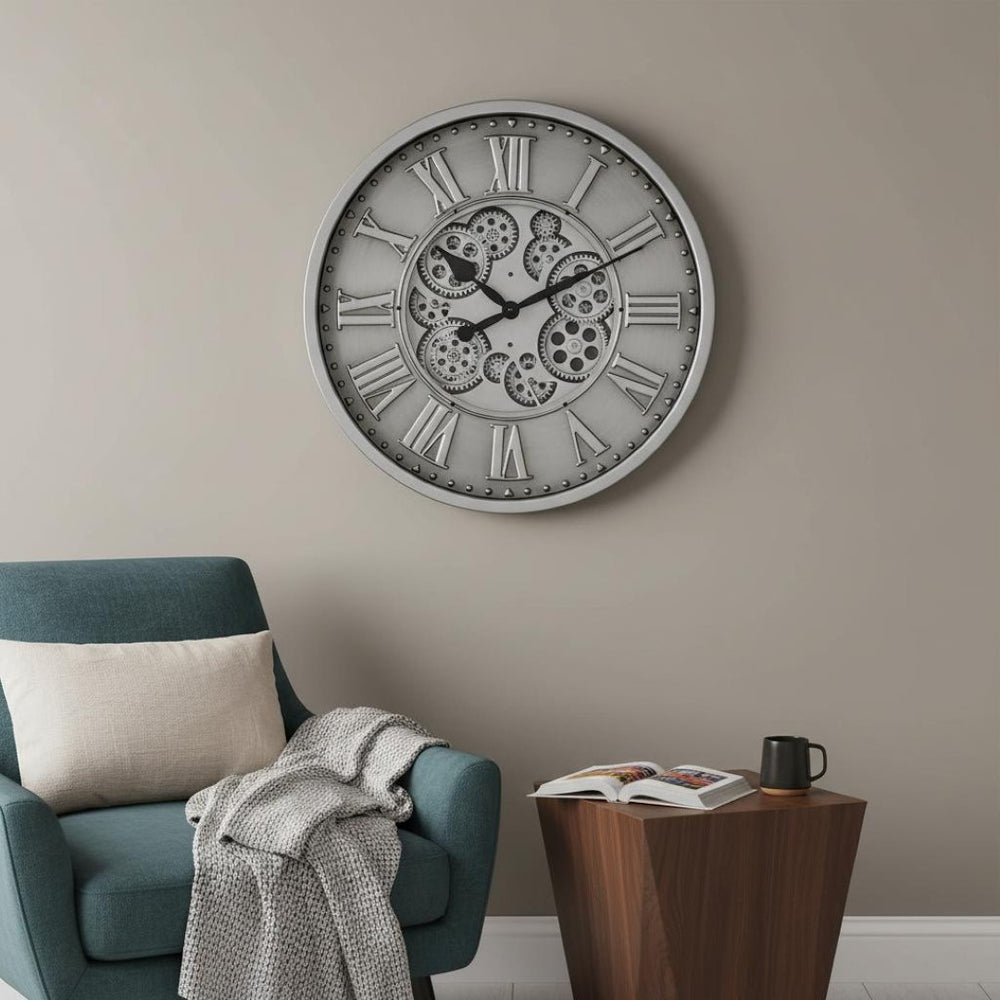 HomeRoots 18" Silver and Black Metal Skeleton Wall Clock - Industrial Chic Design with Silent Movement and Gears 626346