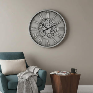 HomeRoots 18" Silver and Black Metal Skeleton Wall Clock - Industrial Chic Design with Silent Movement and Gears 626346