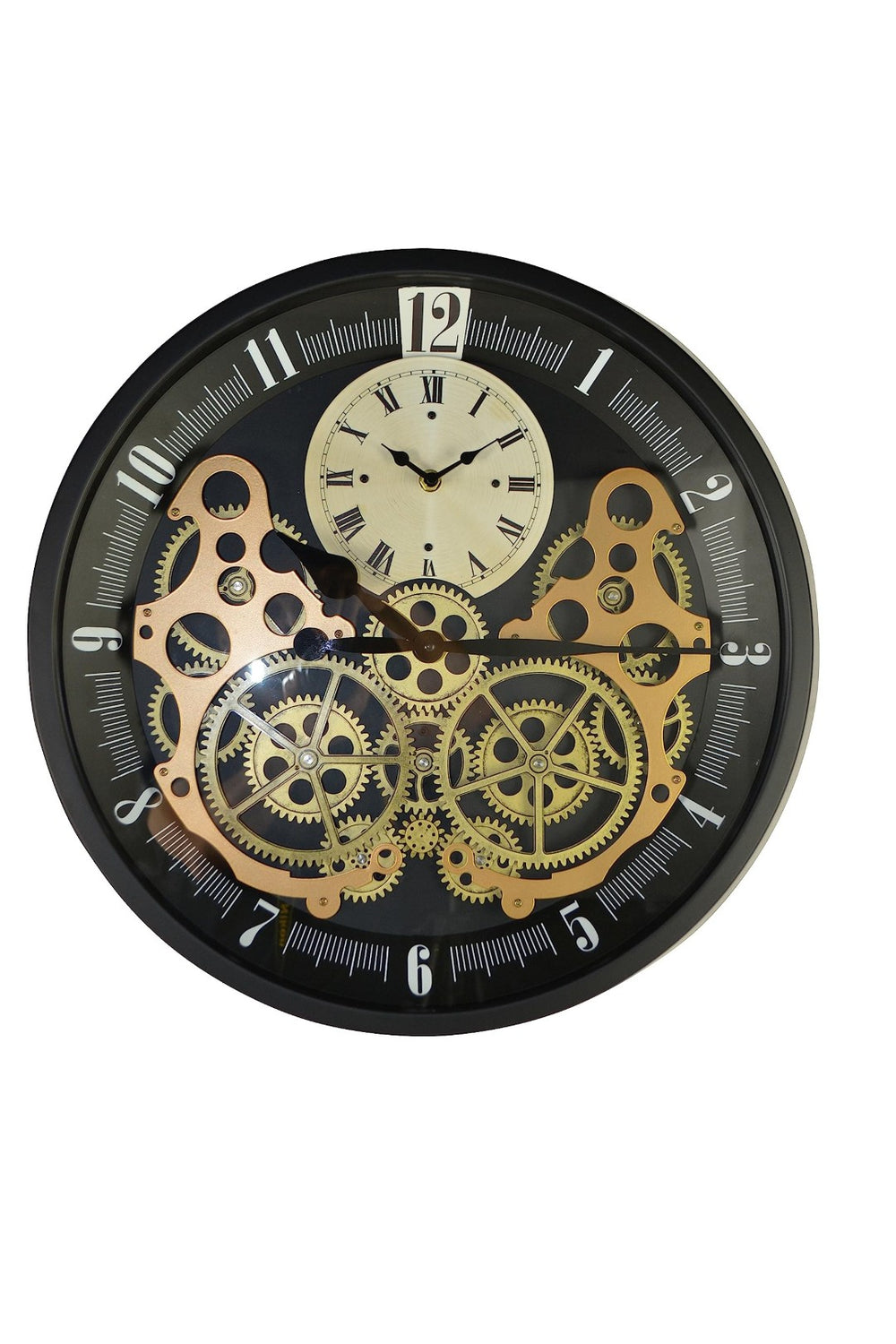 HomeRoots 18" Industrial Black Gold White Metal Silent Skeleton Wall Clock with Exposed Gears for Modern Decor 626347