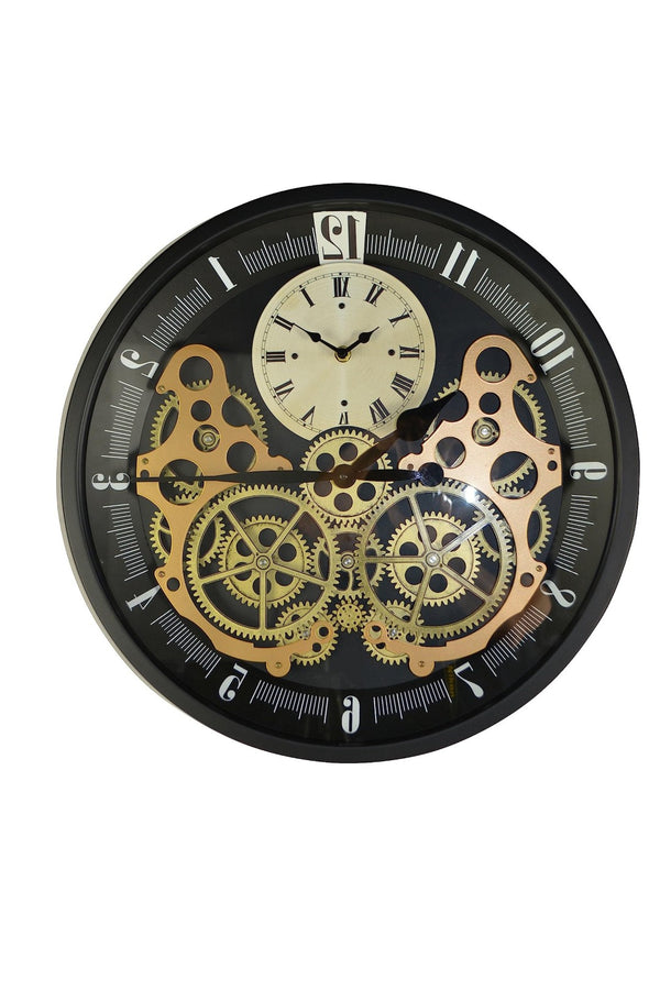 HomeRoots 18" Industrial Black Gold White Metal Silent Skeleton Wall Clock with Exposed Gears for Modern Decor 626347