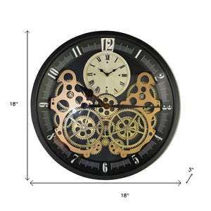 HomeRoots 18" Industrial Black Gold White Metal Silent Skeleton Wall Clock with Exposed Gears for Modern Decor 626347