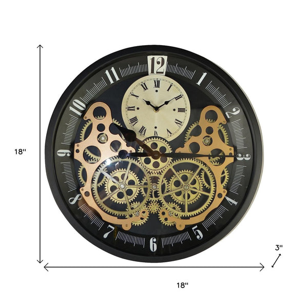HomeRoots 18" Industrial Black Gold White Metal Silent Skeleton Wall Clock with Exposed Gears for Modern Decor 626347