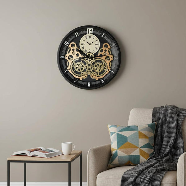 HomeRoots 18" Industrial Black Gold White Metal Silent Skeleton Wall Clock with Exposed Gears for Modern Decor 626347
