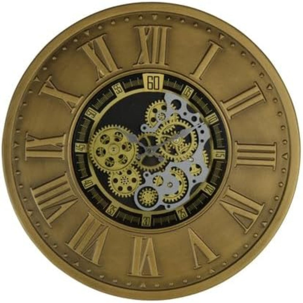 HomeRoots 18" Silent Skeleton Gear Wall Clock - Bold Black, Gold & Silver Metal Design for Modern Spaces 626348