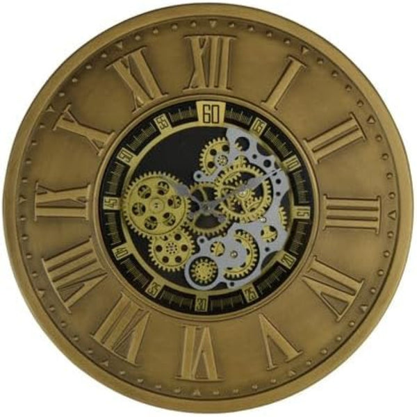 HomeRoots 18" Silent Skeleton Gear Wall Clock - Bold Black, Gold & Silver Metal Design for Modern Spaces 626348