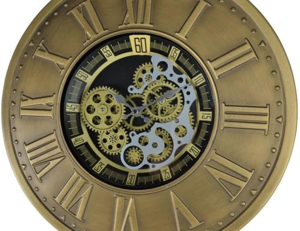HomeRoots 18" Silent Skeleton Gear Wall Clock - Bold Black, Gold & Silver Metal Design for Modern Spaces 626348
