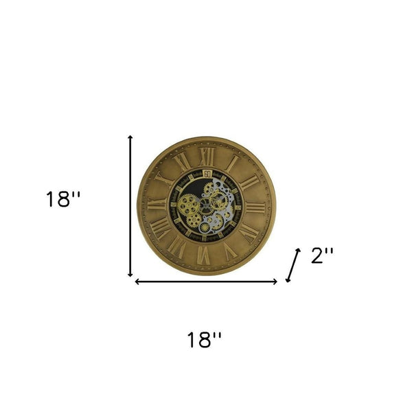 HomeRoots 18" Silent Skeleton Gear Wall Clock - Bold Black, Gold & Silver Metal Design for Modern Spaces 626348