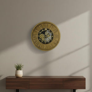 HomeRoots 18" Silent Skeleton Gear Wall Clock - Bold Black, Gold & Silver Metal Design for Modern Spaces 626348