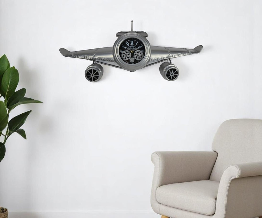 HomeRoots 34" Exposed Gear Silent Analog Wall Clock - Stylish Silver & Black Metal Design with Roman Numerals 626352