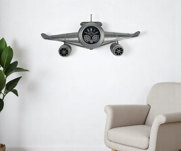 HomeRoots 34" Exposed Gear Silent Analog Wall Clock - Stylish Silver & Black Metal Design with Roman Numerals 626352