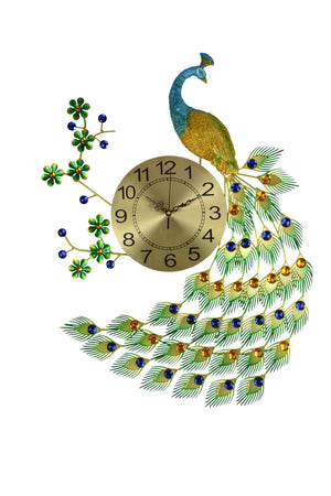 HomeRoots 27" Elegant Gold, Blue & Green Peacock Wall Clock - Silent Quartz Movement for Timeless Style! 626357