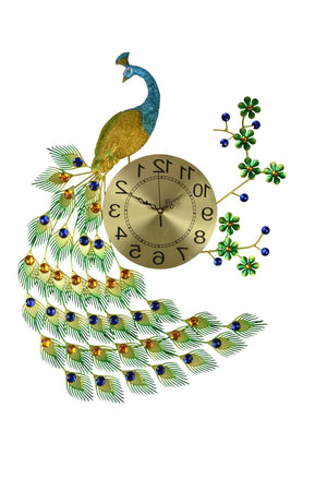 HomeRoots 27" Elegant Gold, Blue & Green Peacock Wall Clock - Silent Quartz Movement for Timeless Style! 626357