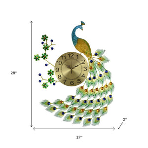 HomeRoots 27" Elegant Gold, Blue & Green Peacock Wall Clock - Silent Quartz Movement for Timeless Style! 626357