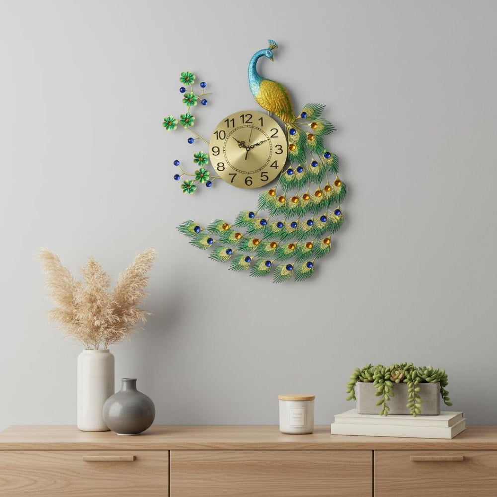 HomeRoots 27" Elegant Gold, Blue & Green Peacock Wall Clock - Silent Quartz Movement for Timeless Style! 626357