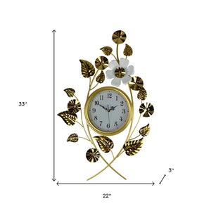 HomeRoots 22" Elegant Gold and White Floral Wall Clock with Silent Quartz Movement for Timeless Decor 626358