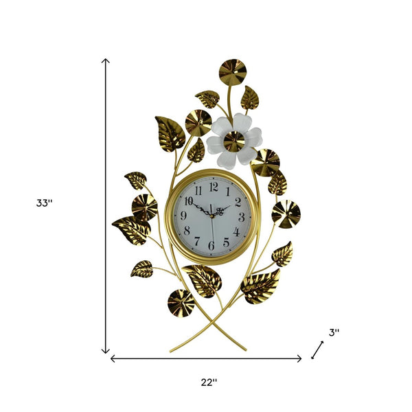 HomeRoots 22" Elegant Gold and White Floral Wall Clock with Silent Quartz Movement for Timeless Decor 626358