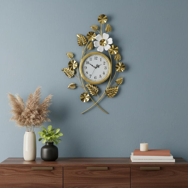 HomeRoots 22" Elegant Gold and White Floral Wall Clock with Silent Quartz Movement for Timeless Decor 626358