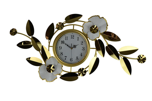 HomeRoots 40" Gold and White Metal Floral Wall Clock - Elegant Silent Quartz Design for Modern Home Décor 626359