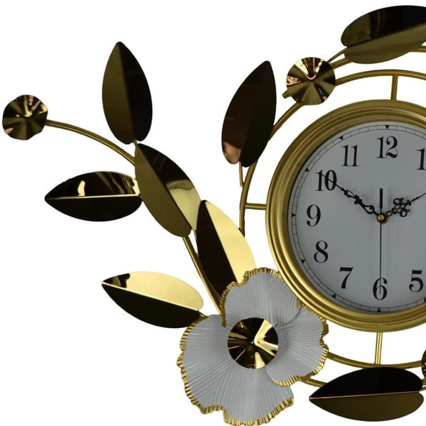 HomeRoots 40" Gold and White Metal Floral Wall Clock - Elegant Silent Quartz Design for Modern Home Décor 626359