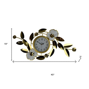 HomeRoots 40" Gold and White Metal Floral Wall Clock - Elegant Silent Quartz Design for Modern Home Décor 626359