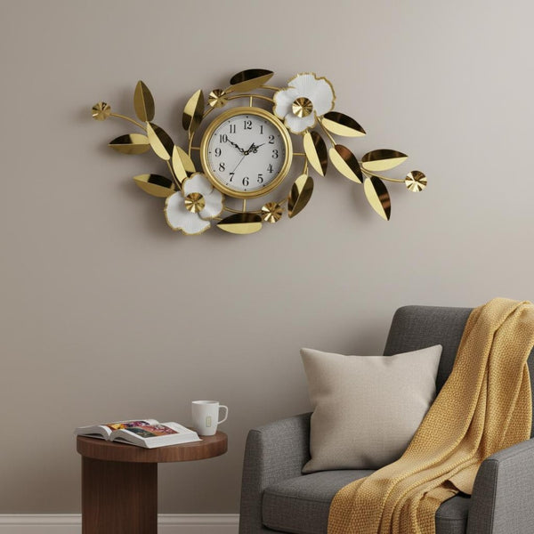 HomeRoots 40" Gold and White Metal Floral Wall Clock - Elegant Silent Quartz Design for Modern Home Décor 626359
