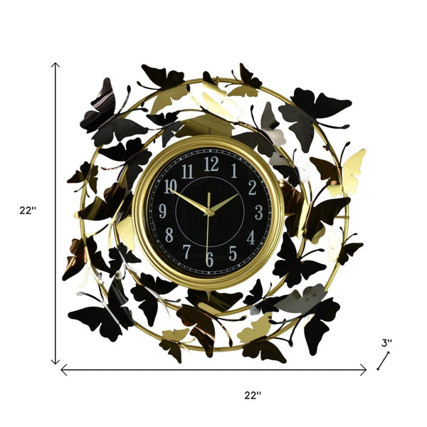 HomeRoots 22" Elegant Gold, Silver & Black Metal Butterfly Wall Clock - Silent Quartz Movement & Unique Design 626361