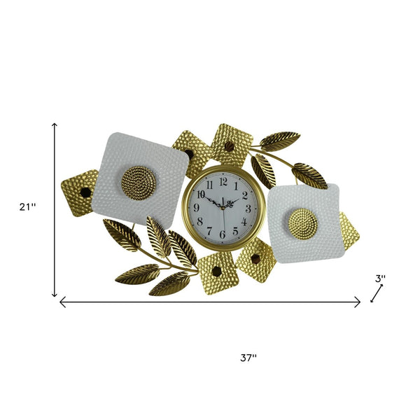 HomeRoots 37" Gold and White Metal Silent Analog Floral Oval Wall Clock - Elegant Decor for Any Room 626364