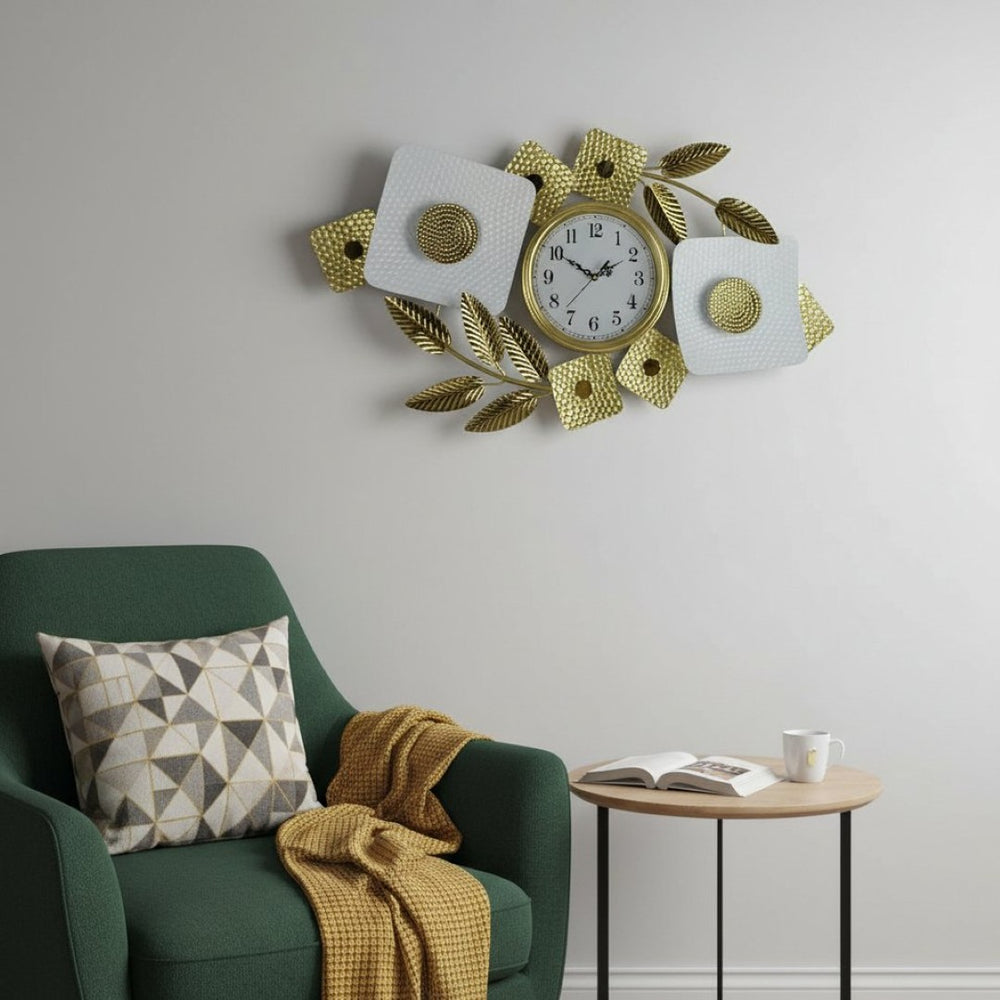 HomeRoots 37" Gold and White Metal Silent Analog Floral Oval Wall Clock - Elegant Decor for Any Room 626364