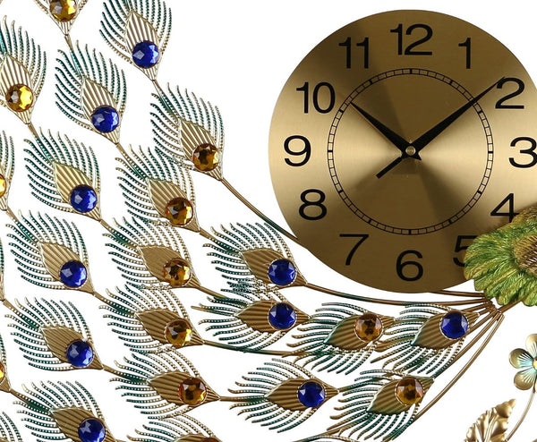 HomeRoots 31" Peacock Metal Wall Clock in Gold, Blue & Green – Silent Quartz Movement for Stylish Décor 626366