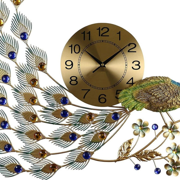 HomeRoots 31" Peacock Metal Wall Clock in Gold, Blue & Green – Silent Quartz Movement for Stylish Décor 626366