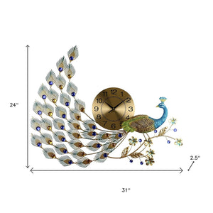 HomeRoots 31" Peacock Metal Wall Clock in Gold, Blue & Green – Silent Quartz Movement for Stylish Décor 626366