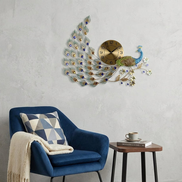 HomeRoots 31" Peacock Metal Wall Clock in Gold, Blue & Green – Silent Quartz Movement for Stylish Décor 626366