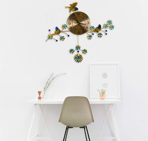 Homeroots 24" Stunning Blue Green Gold Floral Metal Wall Clock - Silent Pendulum Design For Timeless Elegance   626367