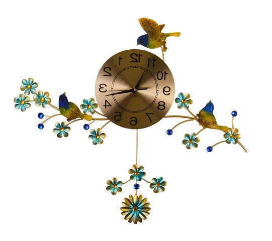 Homeroots 24" Stunning Blue Green Gold Floral Metal Wall Clock - Silent Pendulum Design For Timeless Elegance   626367