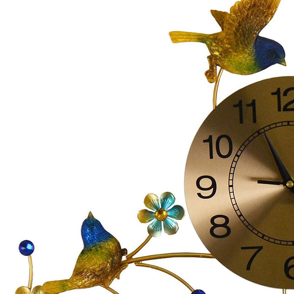 Homeroots 24" Stunning Blue Green Gold Floral Metal Wall Clock - Silent Pendulum Design For Timeless Elegance   626367
