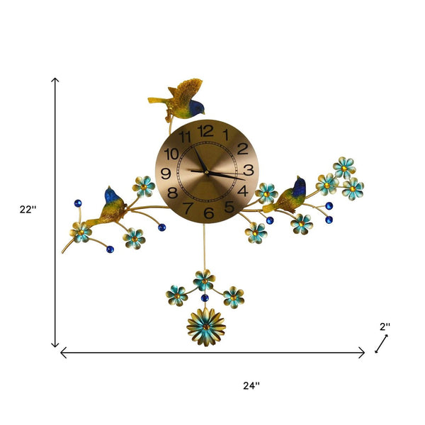 Homeroots 24" Stunning Blue Green Gold Floral Metal Wall Clock - Silent Pendulum Design For Timeless Elegance   626367