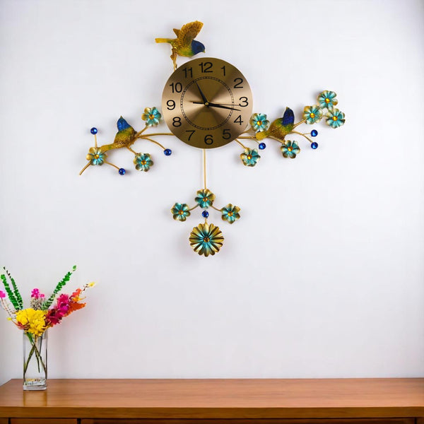 Homeroots 24" Stunning Blue Green Gold Floral Metal Wall Clock - Silent Pendulum Design For Timeless Elegance   626367