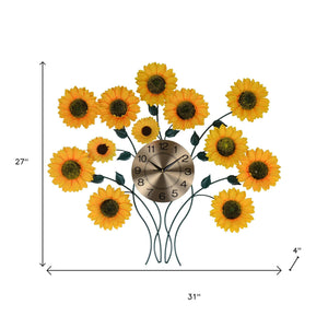 Homeroots 31" Elegant Metal Silent Analog Sunflower Wall Clock - Unique Floral Design For Home Décor   626369