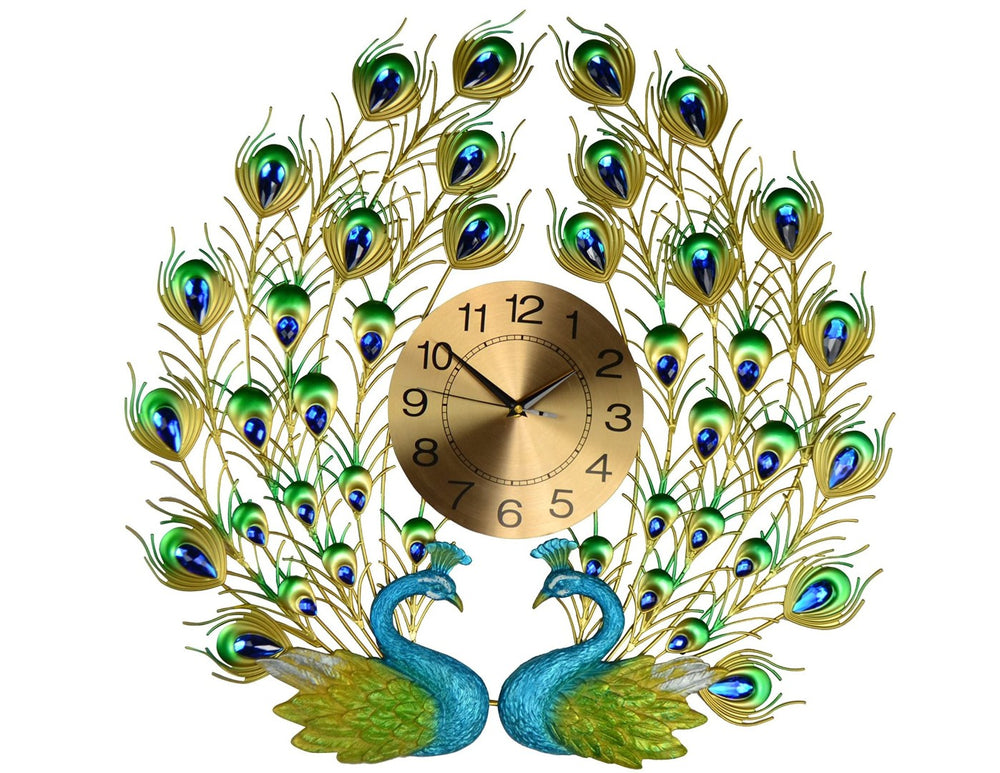 HomeRoots 25" Peacock-Inspired Metal Wall Clock in Vibrant Blue, Green & Gold - Silent Quartz Movement Decor 626373