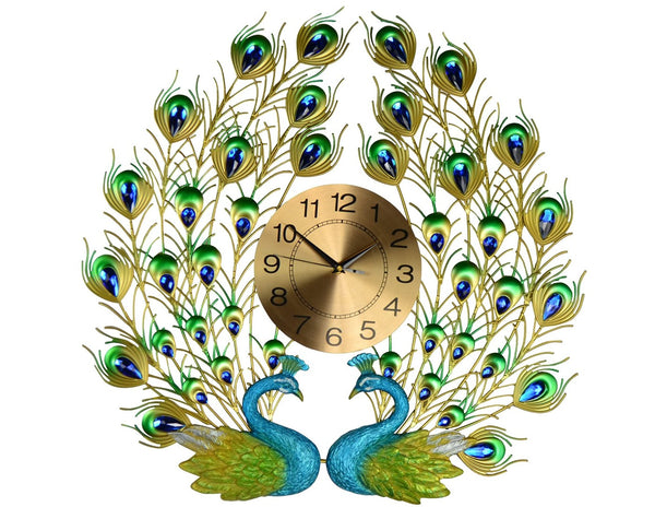 HomeRoots 25" Peacock-Inspired Metal Wall Clock in Vibrant Blue, Green & Gold - Silent Quartz Movement Decor 626373