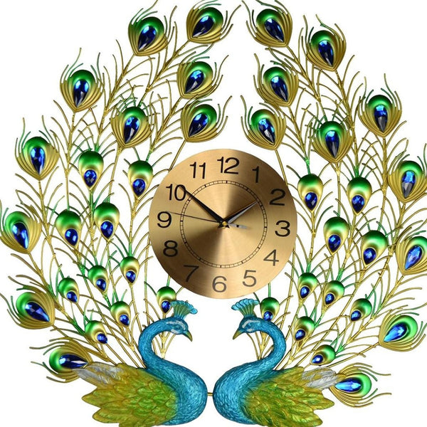HomeRoots 25" Peacock-Inspired Metal Wall Clock in Vibrant Blue, Green & Gold - Silent Quartz Movement Decor 626373