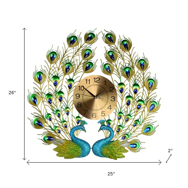 HomeRoots 25" Peacock-Inspired Metal Wall Clock in Vibrant Blue, Green & Gold - Silent Quartz Movement Decor 626373